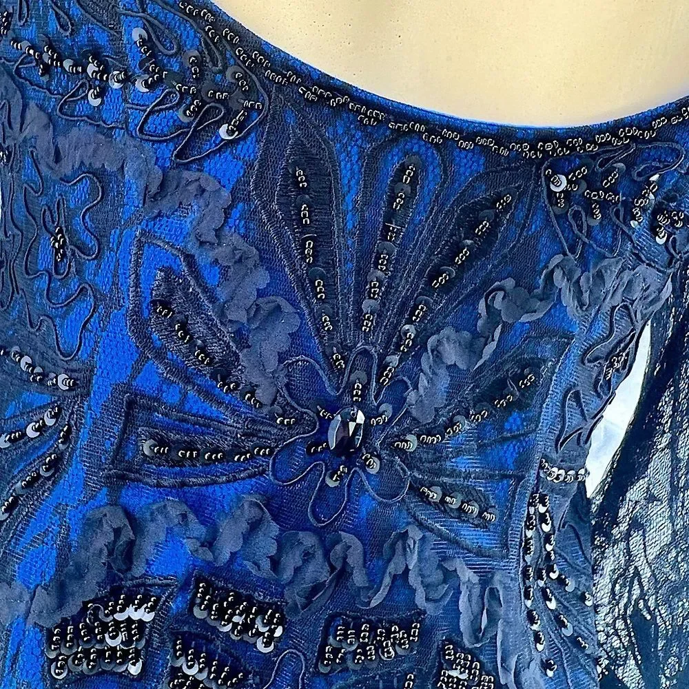 Sue Wong 3/4 SLEEVE V-NECK BEADED ROYAL BLUE & BLACK LACE COCKTAIL DRESS SIZE 4 - Picture 10 of 15